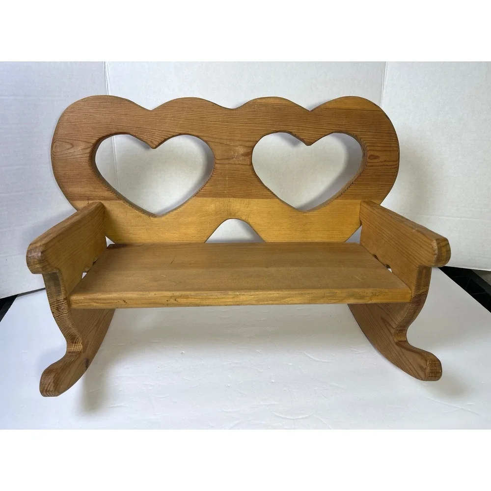 Vintage Wooden Cottagecore Rocking Bench Heart Cutouts Pine  Natural Finish